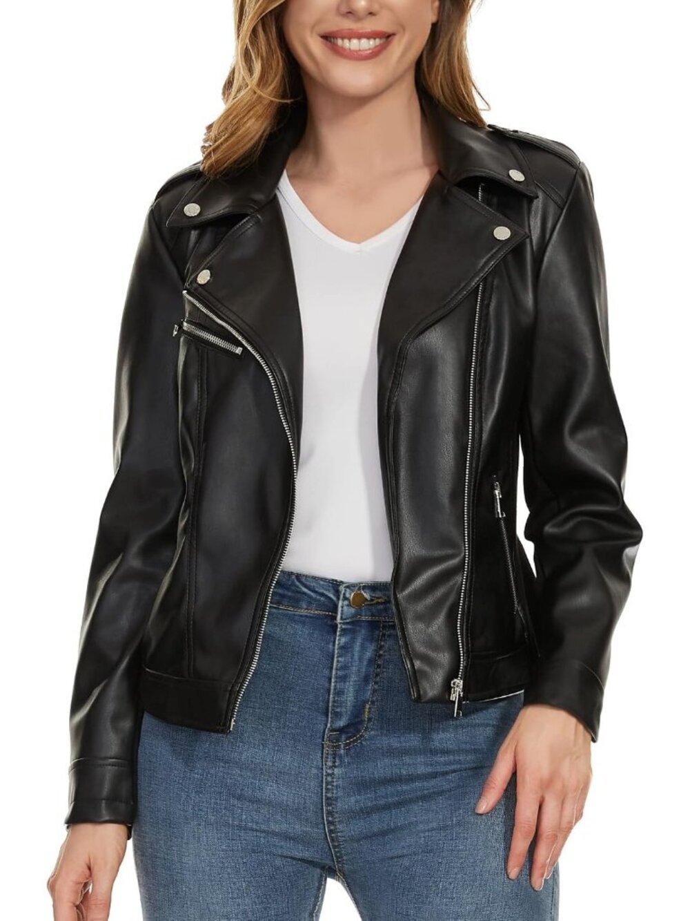 Women's Ja-Black Lapel Faux Leather Moto Jacket Multiple Color Zip-Up Biker Coat